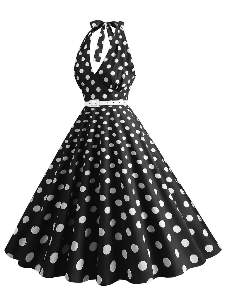 Abito a ruota a pois con scollo all'americana anni '50