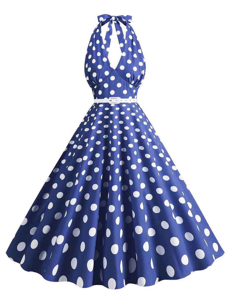 Abito a ruota a pois con scollo all'americana anni '50