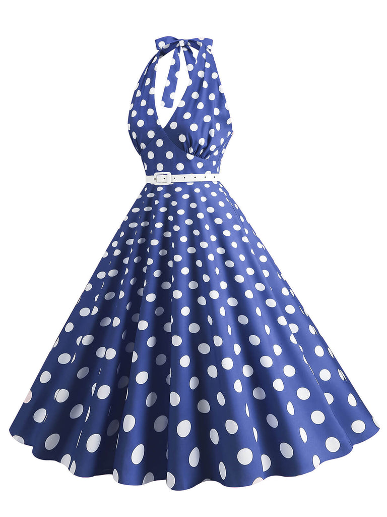 Abito a ruota a pois con scollo all'americana anni '50