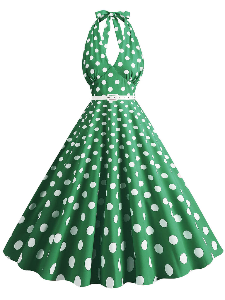 Abito a ruota a pois con scollo all'americana anni '50