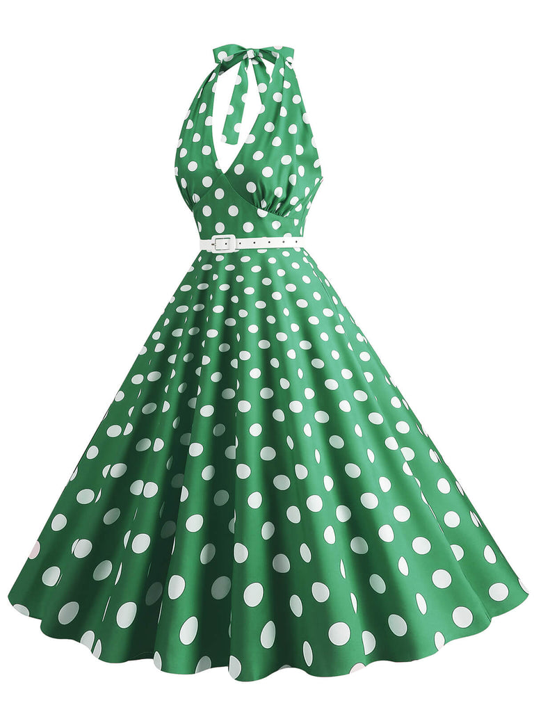 Abito a ruota a pois con scollo all'americana anni '50