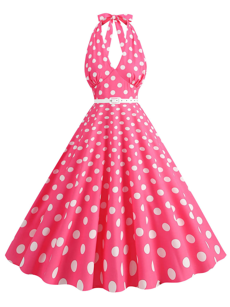 Abito a ruota a pois con scollo all'americana anni '50