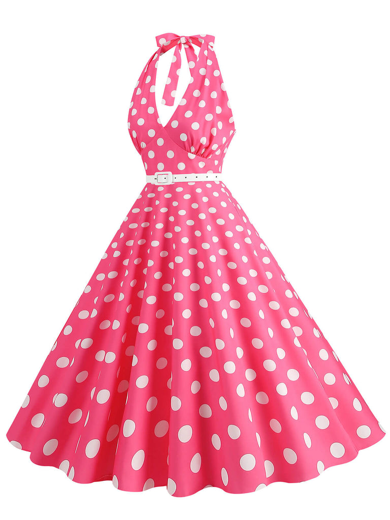 Abito a ruota a pois con scollo all'americana anni '50
