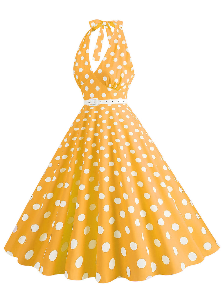 Abito a ruota a pois con scollo all'americana anni '50