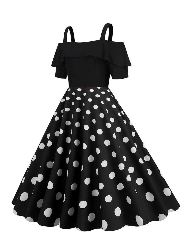 Abito con spalline a pois patchwork nero anni '50