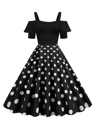 Abito con spalline a pois patchwork nero anni '50