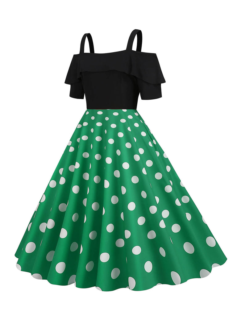 Abito con spalline a pois patchwork nero anni '50