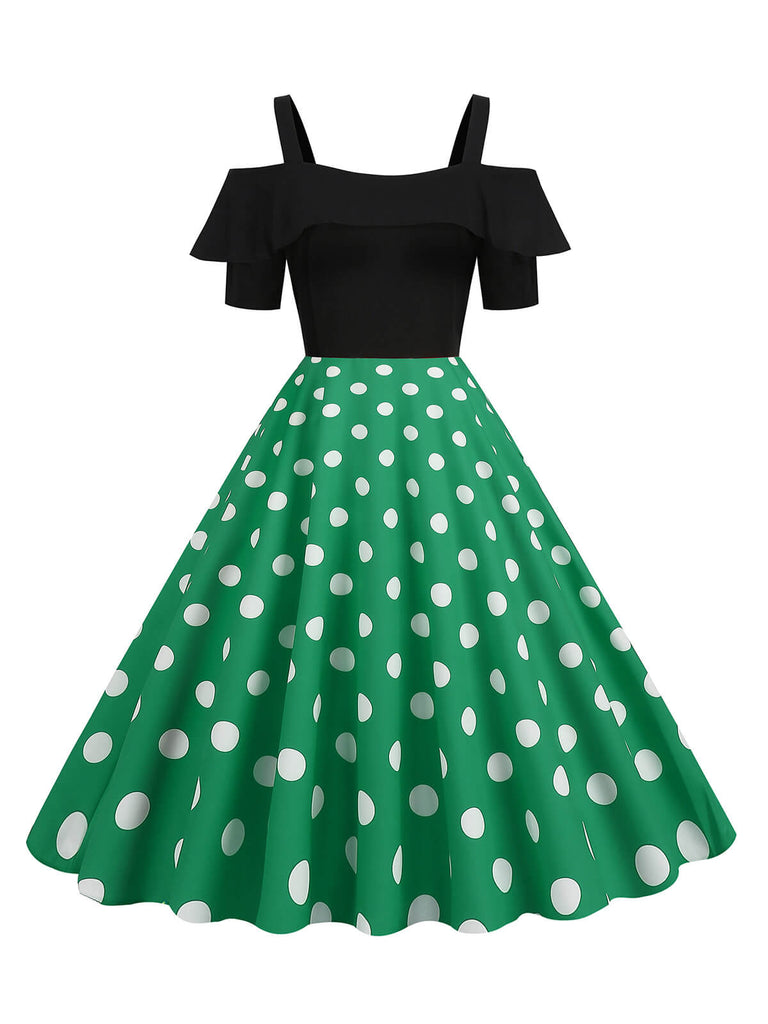 Abito con spalline a pois patchwork nero anni '50