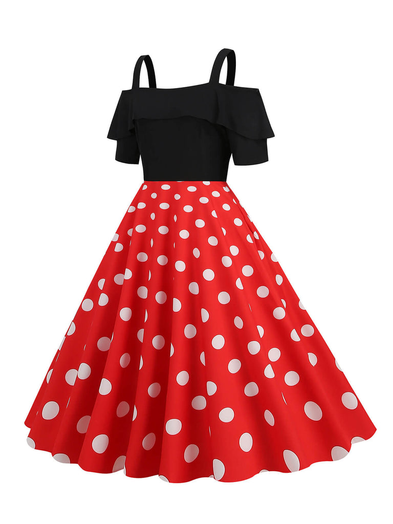 Abito con spalline a pois patchwork nero anni '50