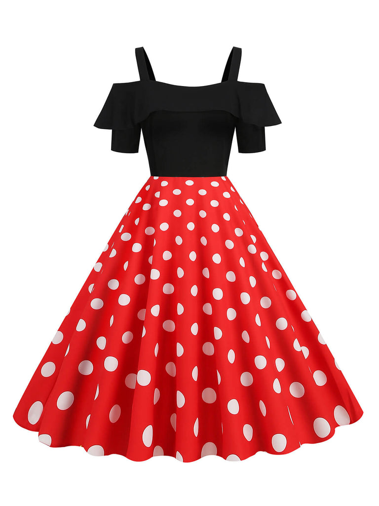 Abito con spalline a pois patchwork nero anni '50