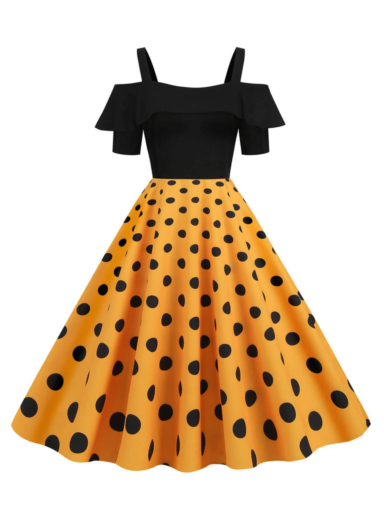 Abito con spalline a pois patchwork nero anni '50