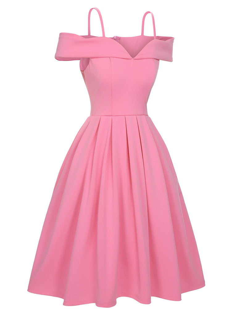 Abito con spalle scoperte tinta unita rosa anni '50