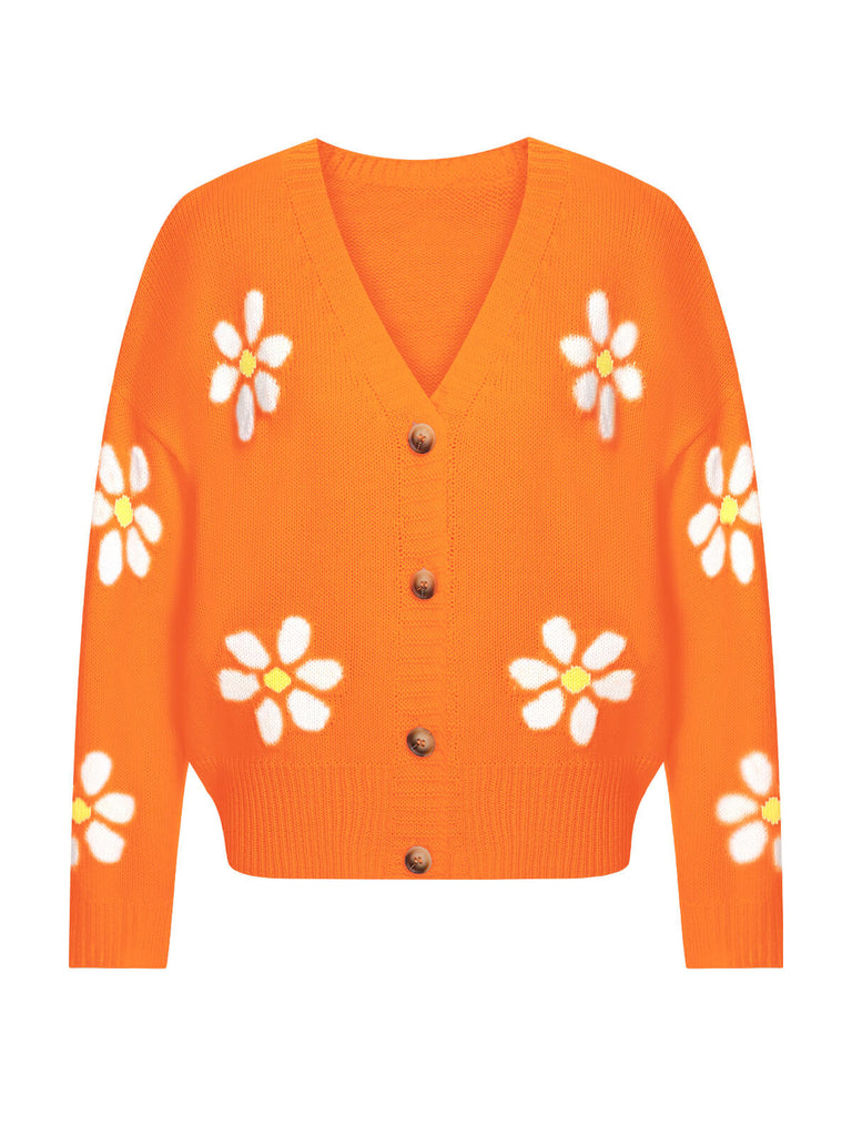 Cardigan lavorato a maglia floreale jacquard anni '60