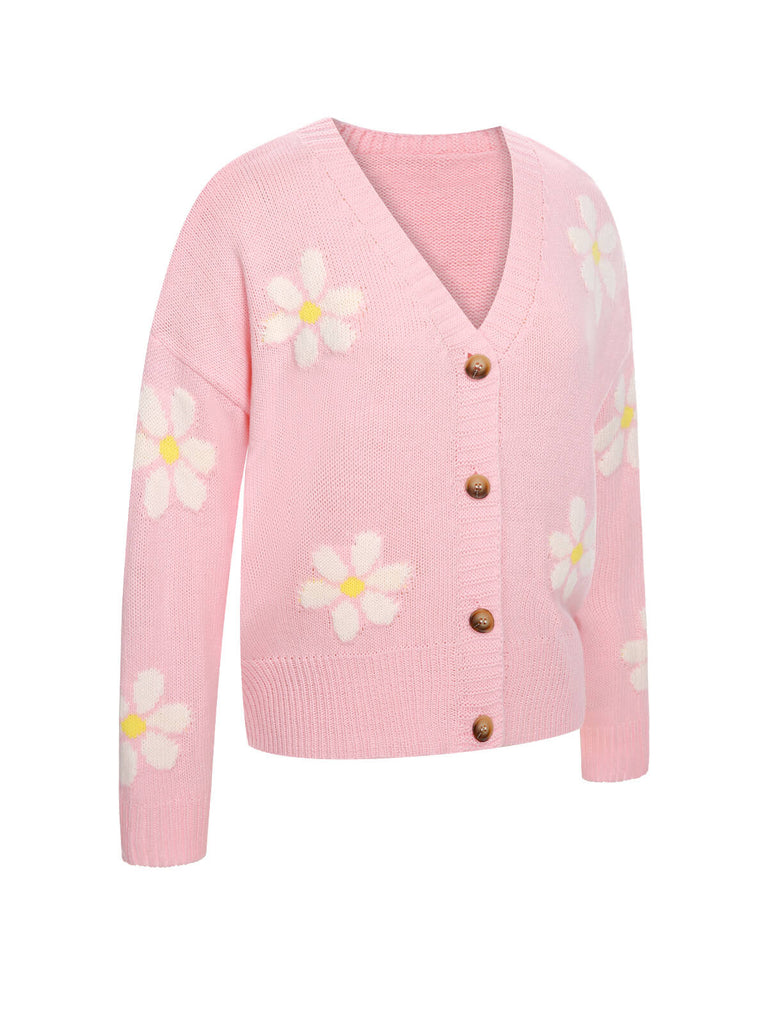 Cardigan lavorato a maglia floreale jacquard anni '60