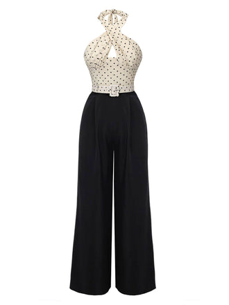 Tuta lunga a pois scollo all'americana beige e nero anni '50