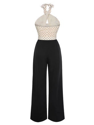 Tuta lunga a pois scollo all'americana beige e nero anni '50