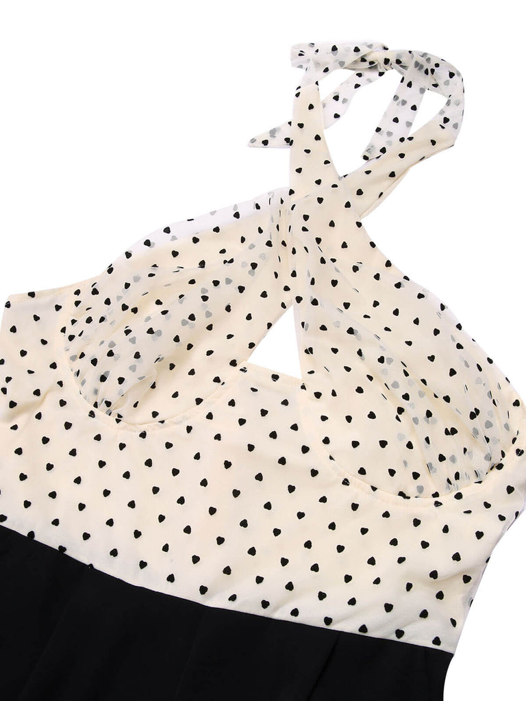Tuta lunga a pois scollo all'americana beige e nero anni '50