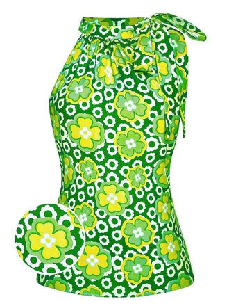 Top senza maniche floreale collo verde anni '60