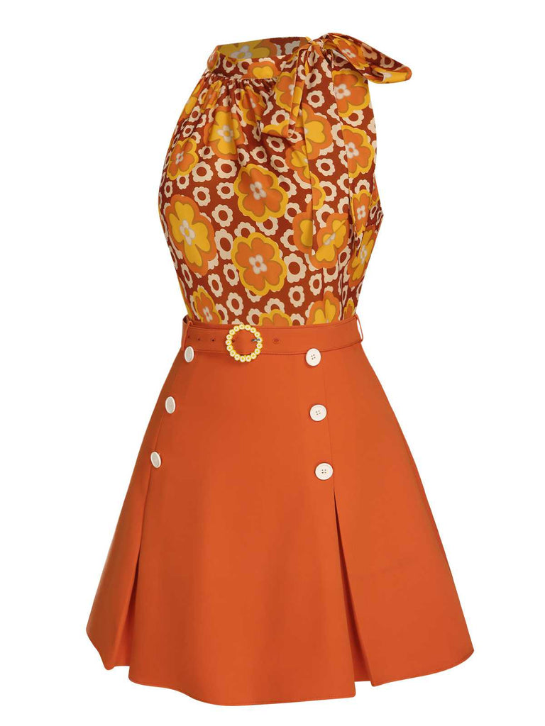 2PCS Top floreale scollo a cravatta e gonna bottoni anni '60