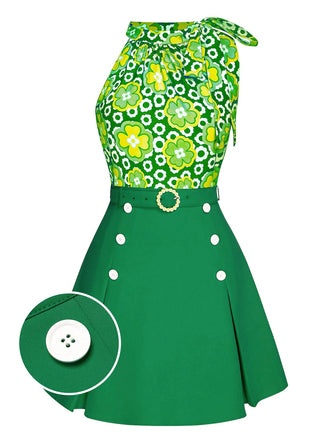 2PCS Top floreale scollo a cravatta e gonna bottoni verde anni '60