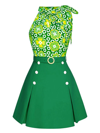2PCS Top floreale scollo a cravatta e gonna bottoni verde anni '60