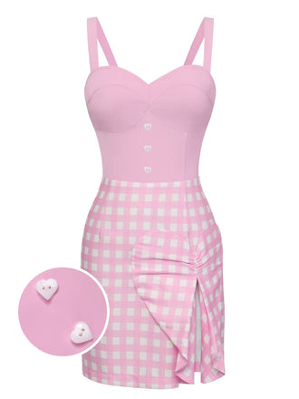 Abito plaid con spacchi a cuore rosa anni '60