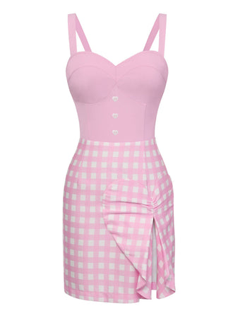 Abito plaid con spacchi a cuore rosa anni '60