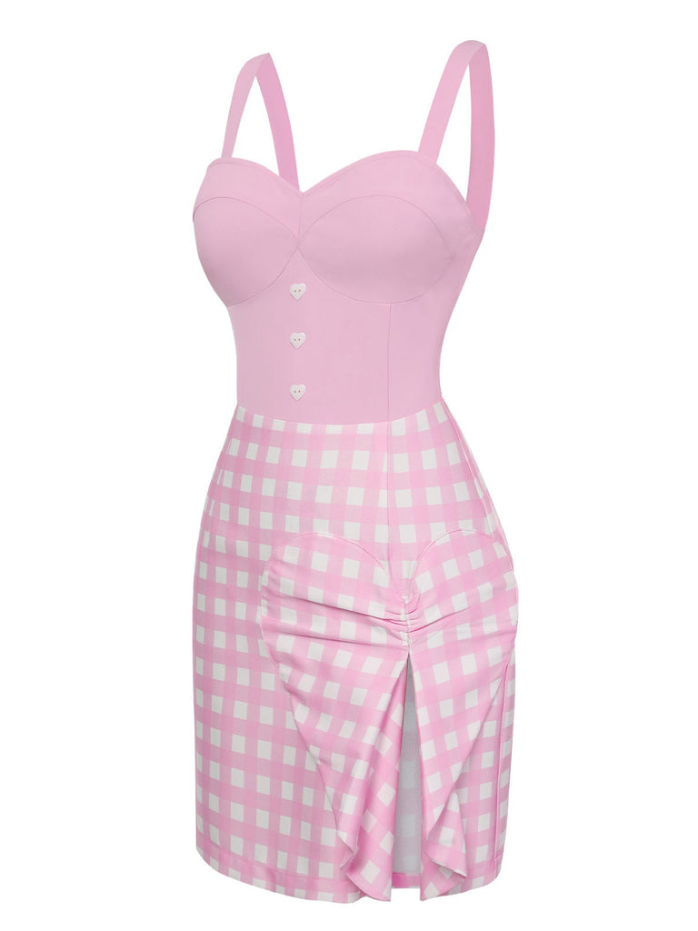 Abito plaid con spacchi a cuore rosa anni '60