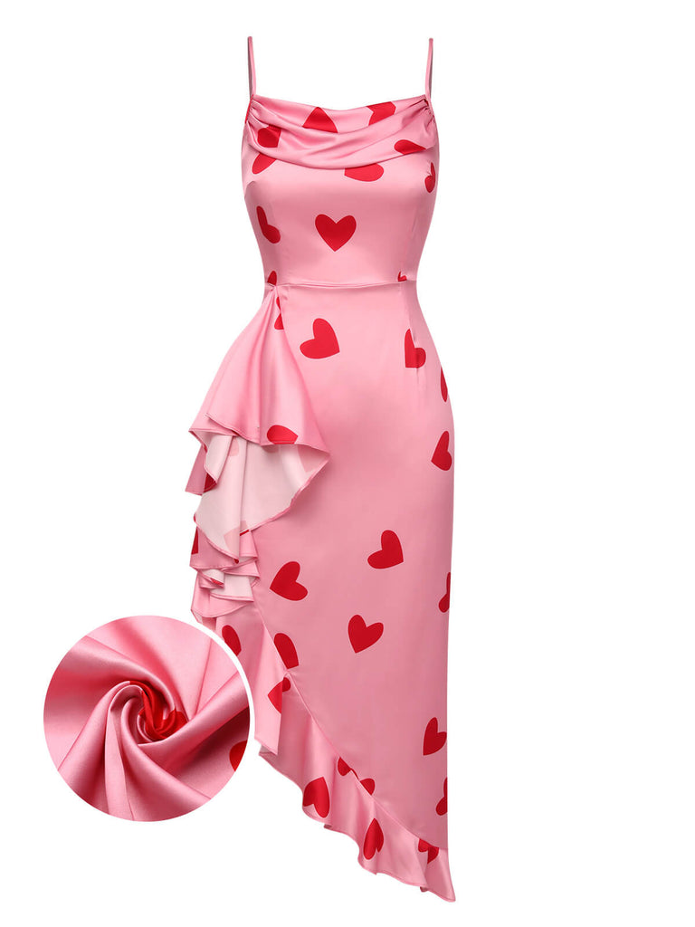 Abito stampa a cuore spalline sottili rosa anni '60