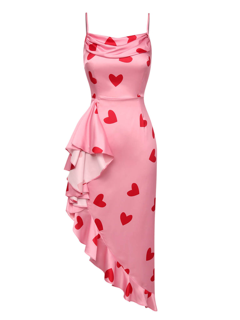 Abito stampa a cuore spalline sottili rosa anni '60