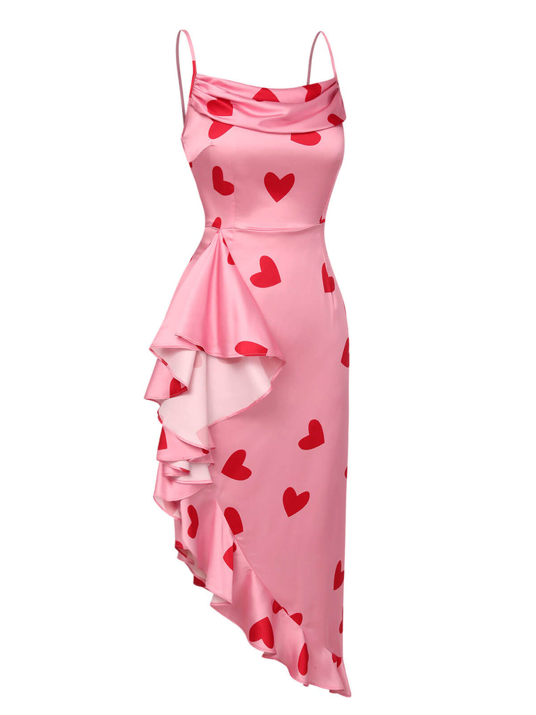 Abito stampa a cuore spalline sottili rosa anni '60