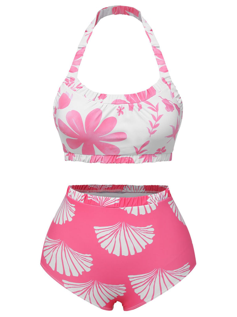 Costumi floreale con arricciature elastiche rosa anni '30