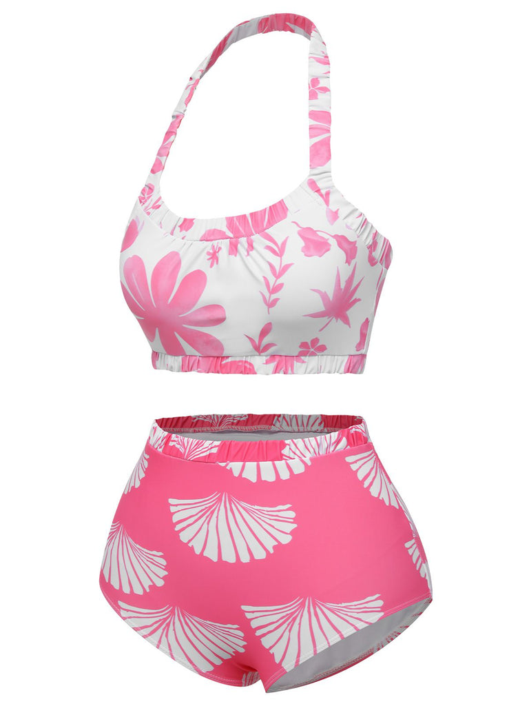 Costumi floreale con arricciature elastiche rosa anni '30