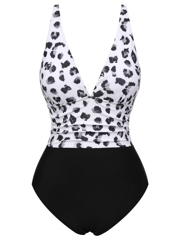 Costumi intero leopardo scollo a V patchwork nero anni '30