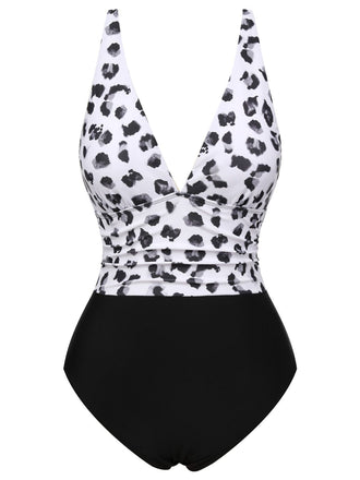 Costumi intero leopardo scollo a V patchwork nero anni '30