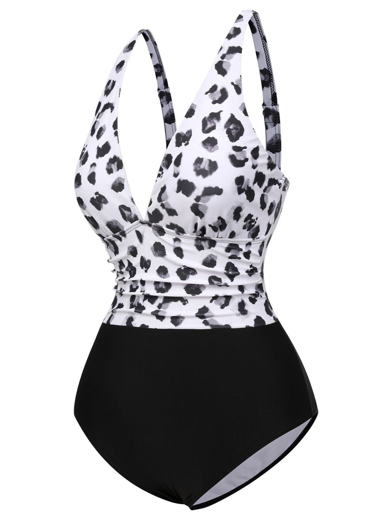 Costumi intero leopardo scollo a V patchwork nero anni '30