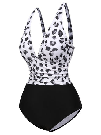 Costumi intero leopardo scollo a V patchwork nero anni '30