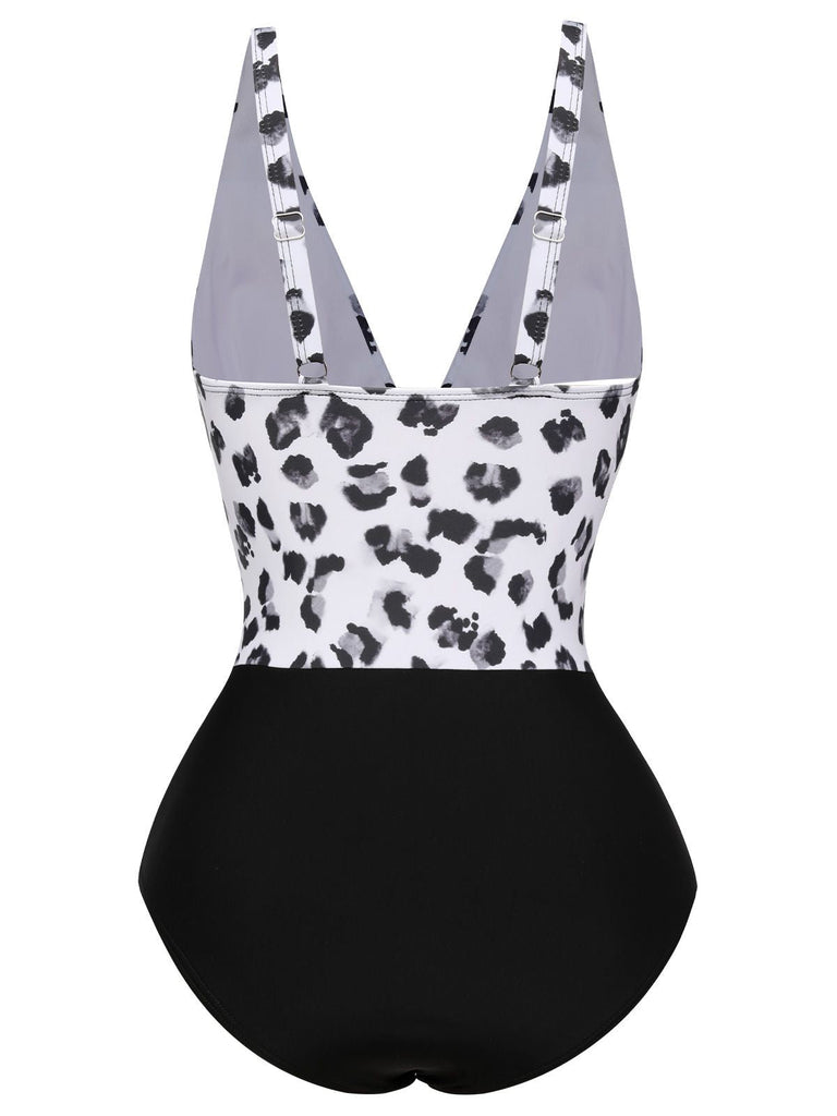 Costumi intero leopardo scollo a V patchwork nero anni '30