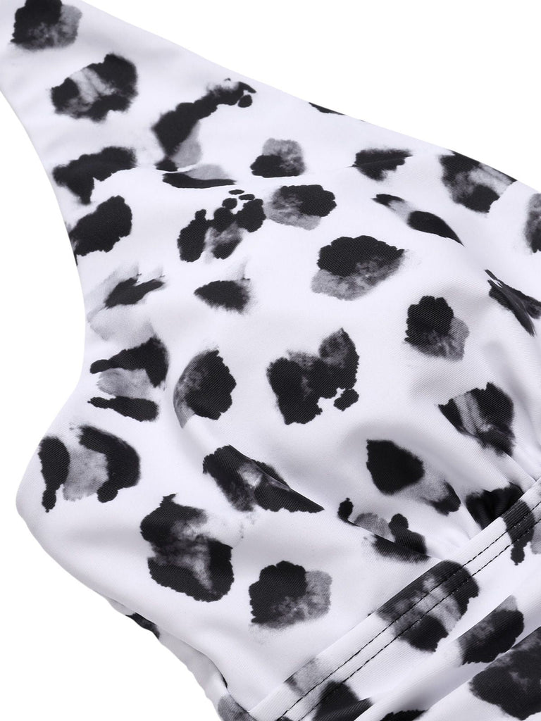 Costumi intero leopardo scollo a V patchwork nero anni '30