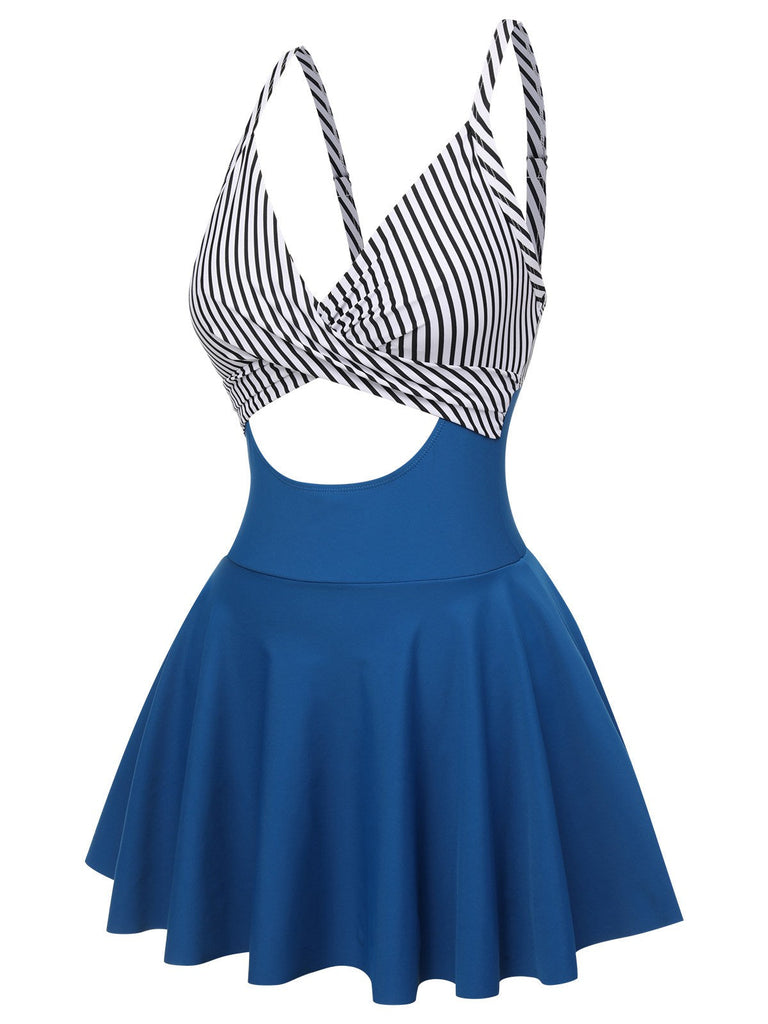 Costumi intero con gonna a righe multicolore anni '30