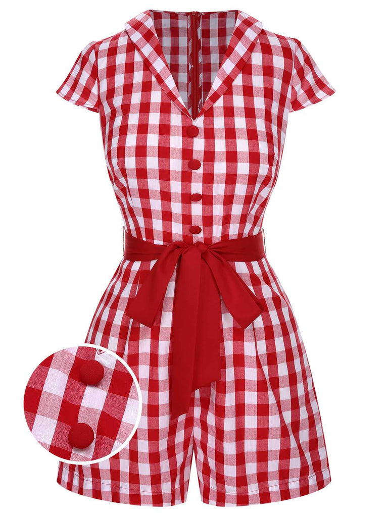 Tuta corta plaid e risvolto con cintura rosso anni '40