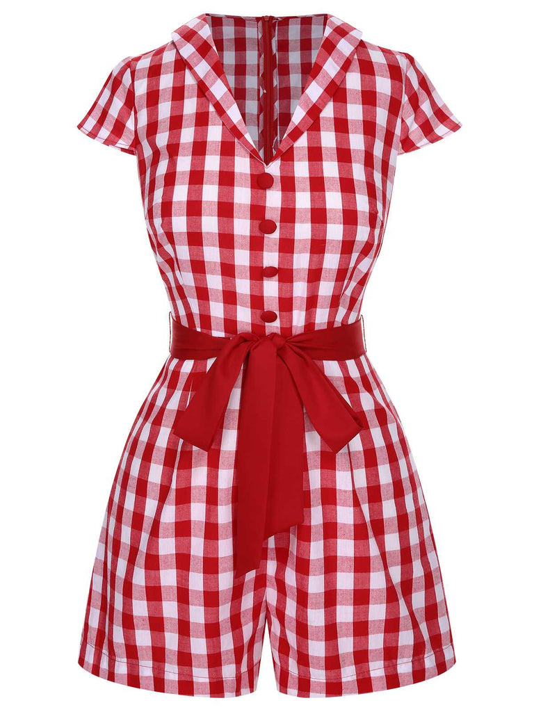 Tuta corta plaid e risvolto con cintura rosso anni '40