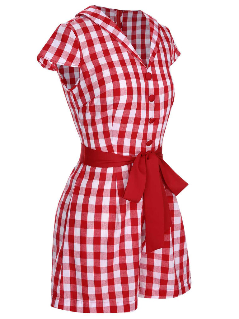 Tuta corta plaid e risvolto con cintura rosso anni '40