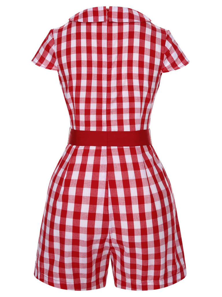 Tuta corta plaid e risvolto con cintura rosso anni '40