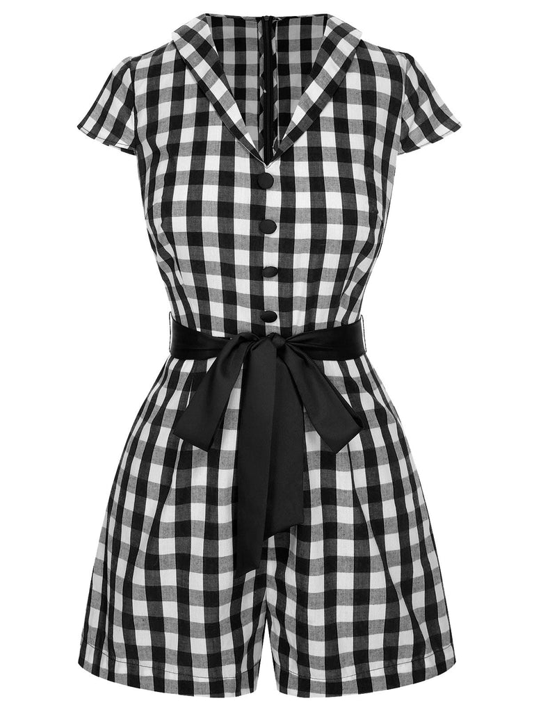 Tuta corta plaid e risvolto con cintura rosso anni '40