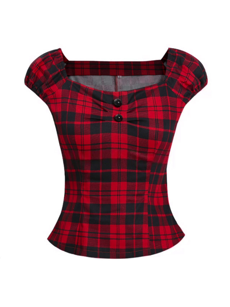 Top a quadri  con scollo quadrato rosso anni '50