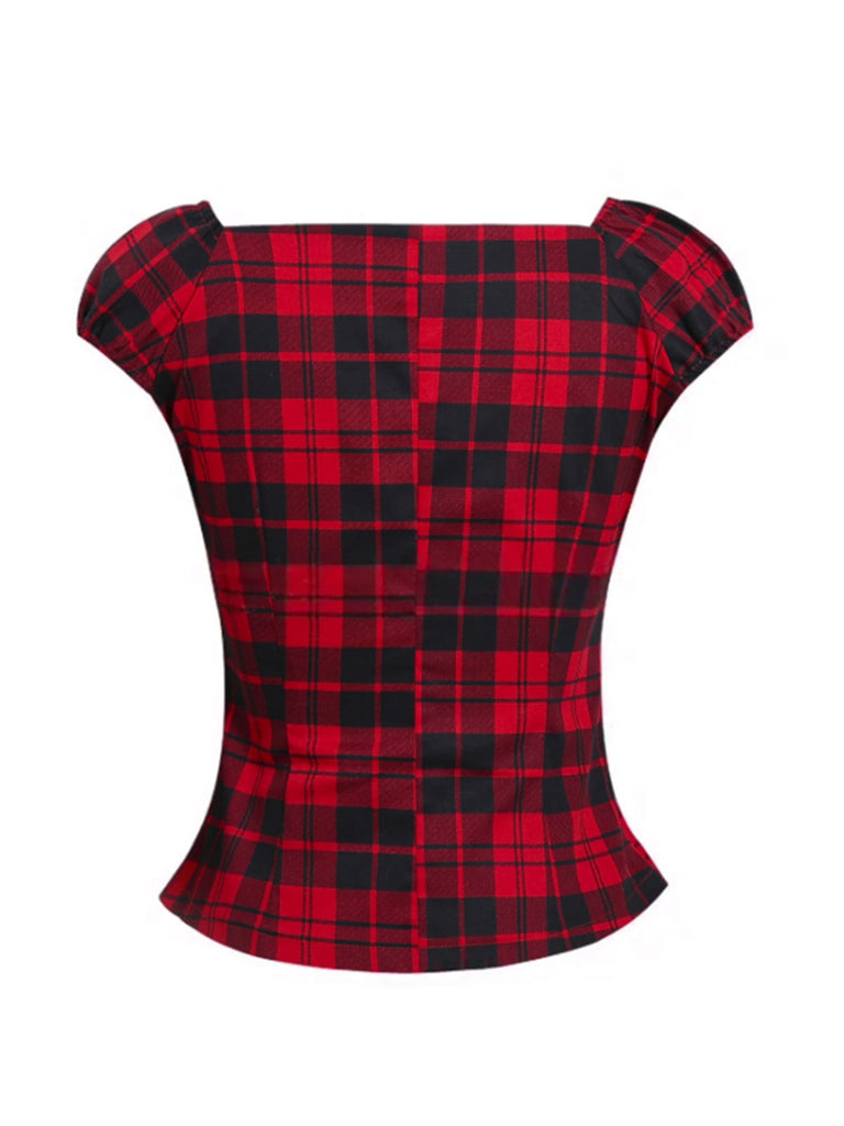 Top a quadri  con scollo quadrato rosso anni '50