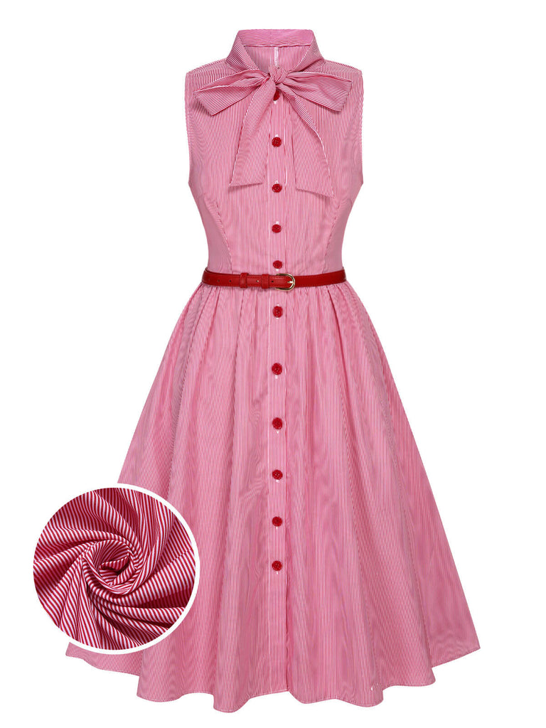 Abito a righe sottili colletto annodato rosa anni '50