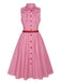 Abito a righe sottili colletto annodato rosa anni '50