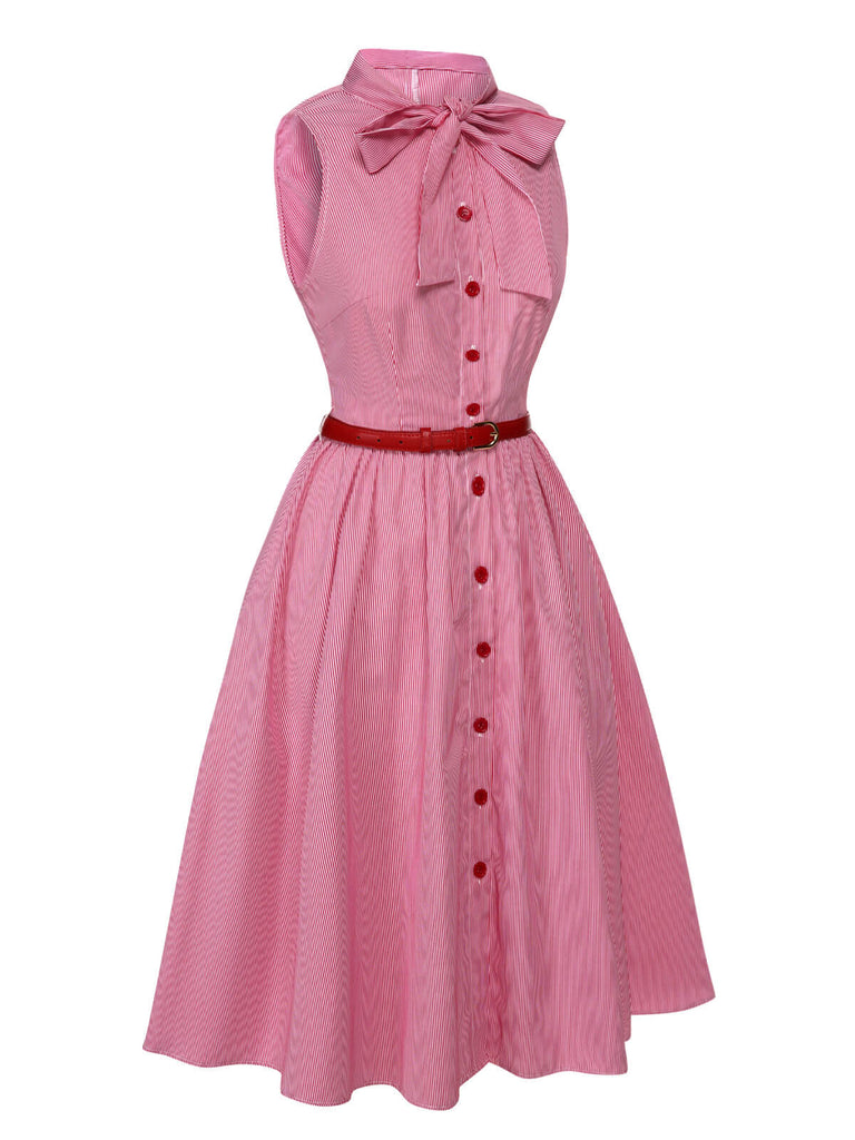 Abito a righe sottili colletto annodato rosa anni '50
